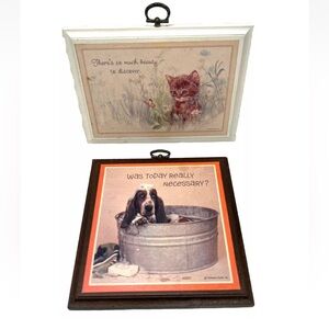 2 Vintage Small Hallmark Plaques - Cat and Dog In Tub - 1980’s Cute Kitschy